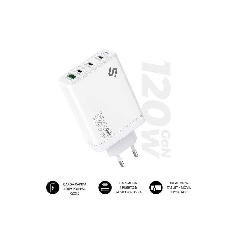 Caricatore da parete Subblim GaN 120W - 4 porte (3xUSB-C + 1xUSB-A) - Ricarica ultra rapida - Colore bianco