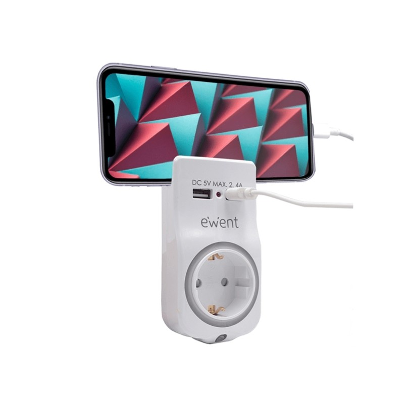 Ewent Caricabatterie USB AC - 2 porte USB-A - 2.4A (12W) - Presa di corrente Schuko senza perdita - Supporto per telefon
