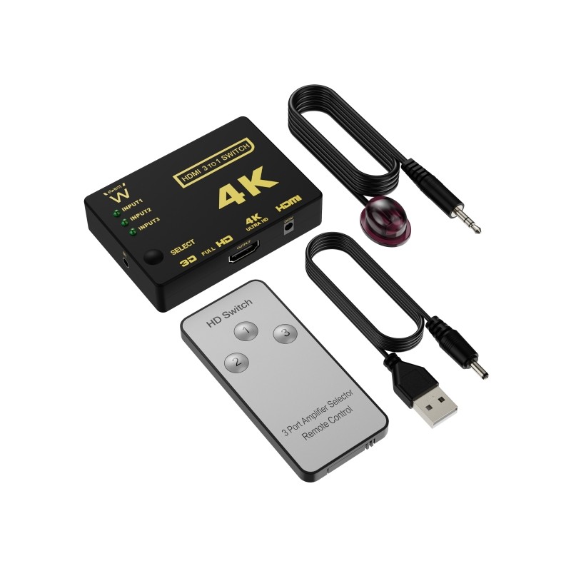 Ewent Switch HDMI 3 a 1 - Risoluzione 4K - Telecomando - Include cavo di alimentazione e IR - Colore nero