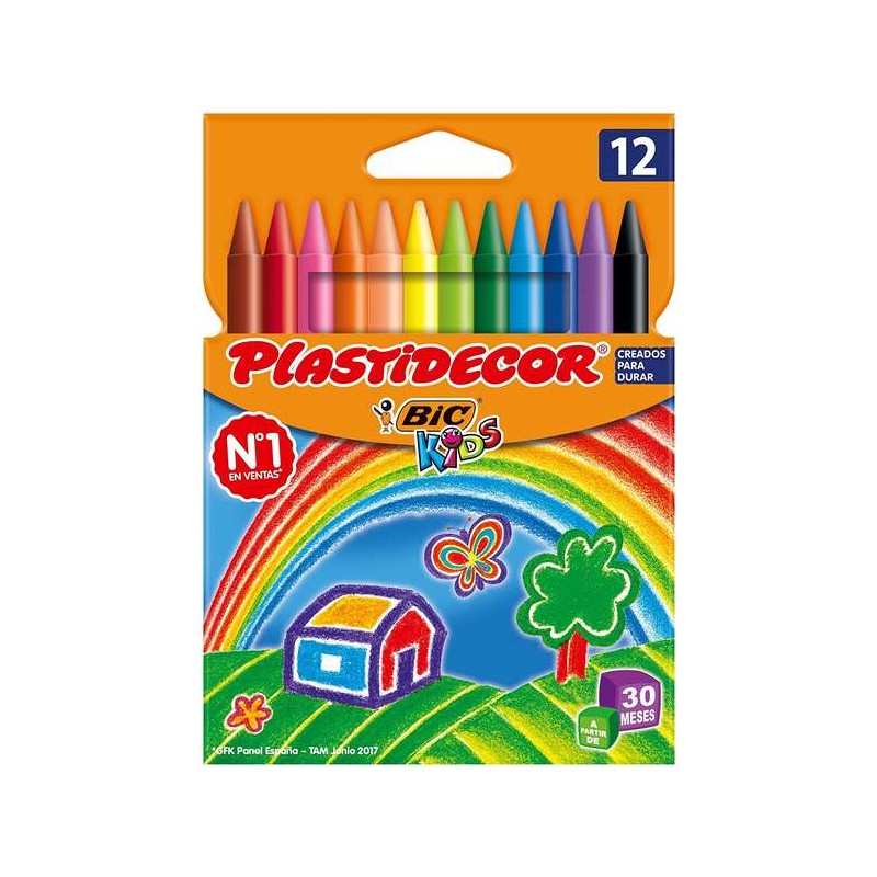 Bic Kids Plastidecor Scatola di 12 matite a cera - Extra-forte - Facile da rimuovere - Non sbavature
