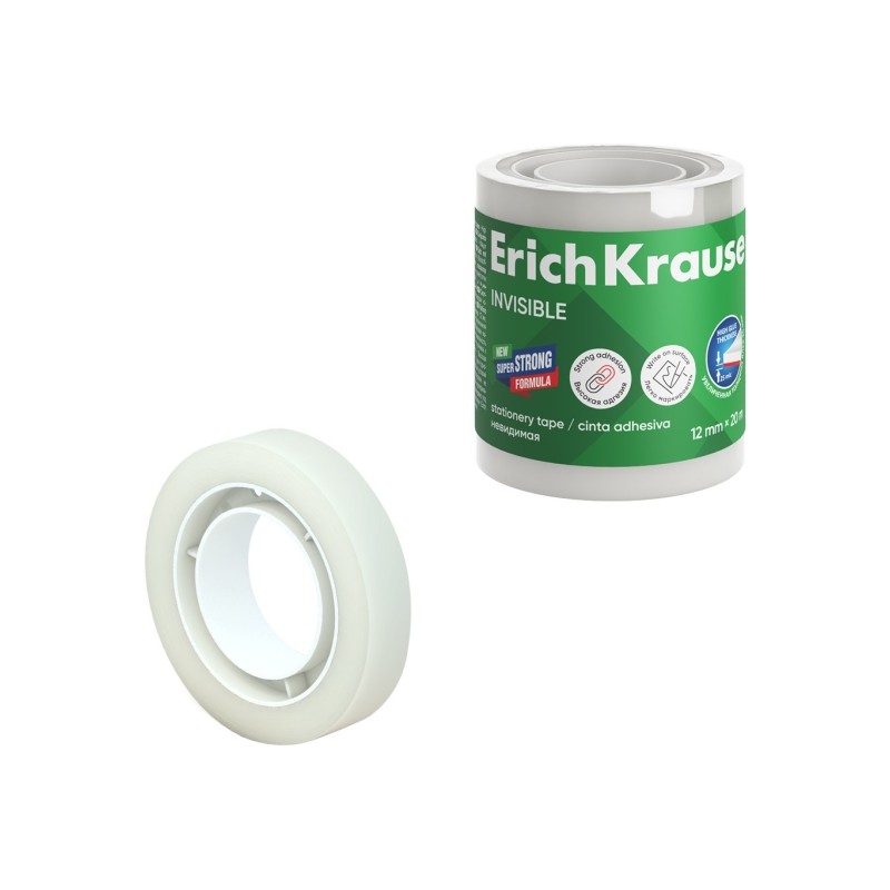 ErichKrause Confezione da 4 nastri adesivi invisibili 12mmx20m - Superficie opaca - Scrittura su - Trasparente