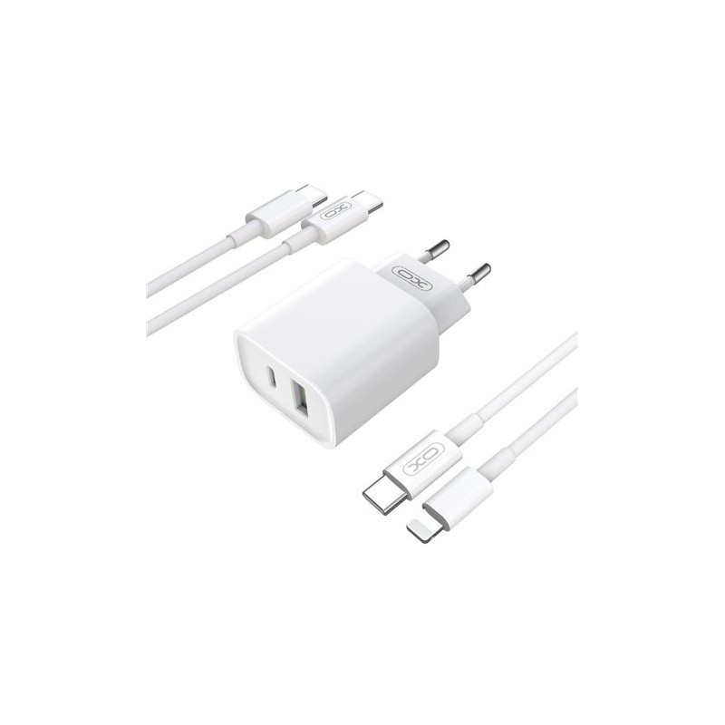 XO CE02 Caricatore da parete 38W - USB-C e USB-A - Cavo da USB-A a USB-C 1m - Bianco