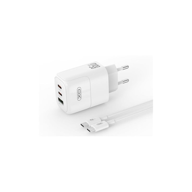 XO XOL139 Caricatore universale da parete 65W - Carica rapida - 2x USB-C. 1x USB-A - Cavo USB-C - Bianco