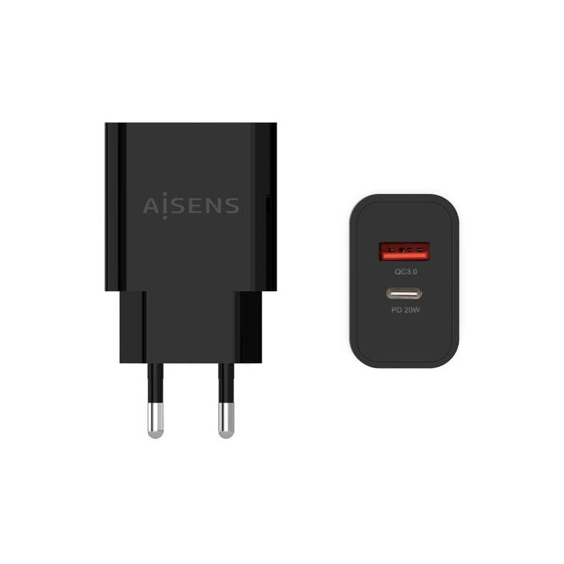Caricabatterie Aisens 20W - 1xUSB-C PD3.0 - 1xUSB-A QC3.0 - Colore Nero