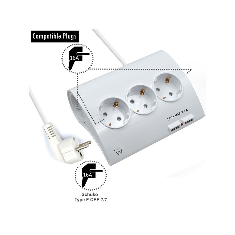 Ewent - 5 prese - Versione Schuko - 16A - 2 porte USB - Cavo da 1.5 m - Colore bianco