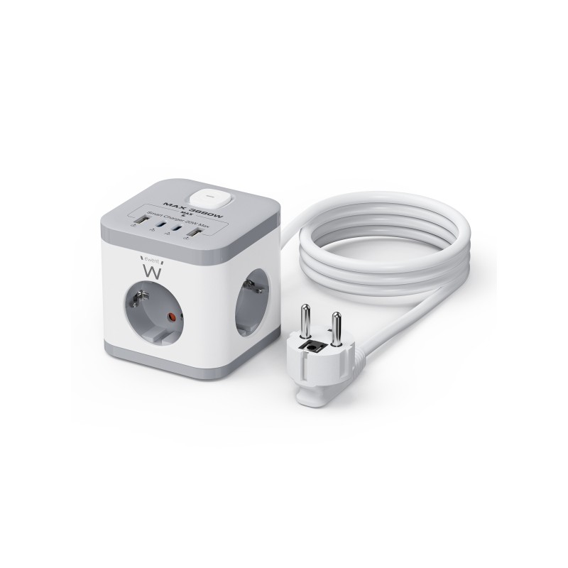 Ewent Ciabatta elettrica con 6 prese da tavolo - 3x Schuko 16A - 2x USB-A - 2x USB-C - A prova di bambino - Interruttore