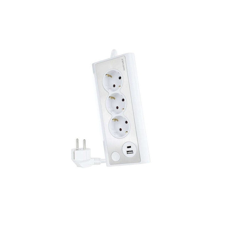 Multipresa da tavolo Nanocable  con 3 Shucko. 1 USB-C e 1 USB-A - Illuminazione a LED con interruttore - Cavo da 1.50 m