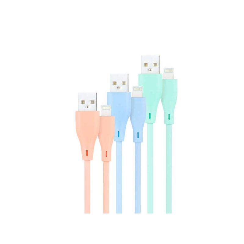 Confezione Nanocable da 3 cavi USB-A maschio a Lightning maschio - Lunghezza 1 m - Colori rosa pastello. verde e blu