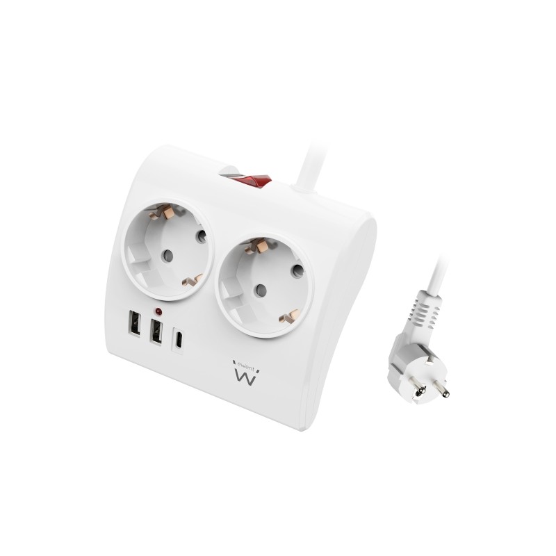 Ewent Striscia di alimentazione a 5 prese - 2x Schuko 16A - 2x USB-A - 1x USB-C - Interruttore on/off - Cavo da 1.5 m - 