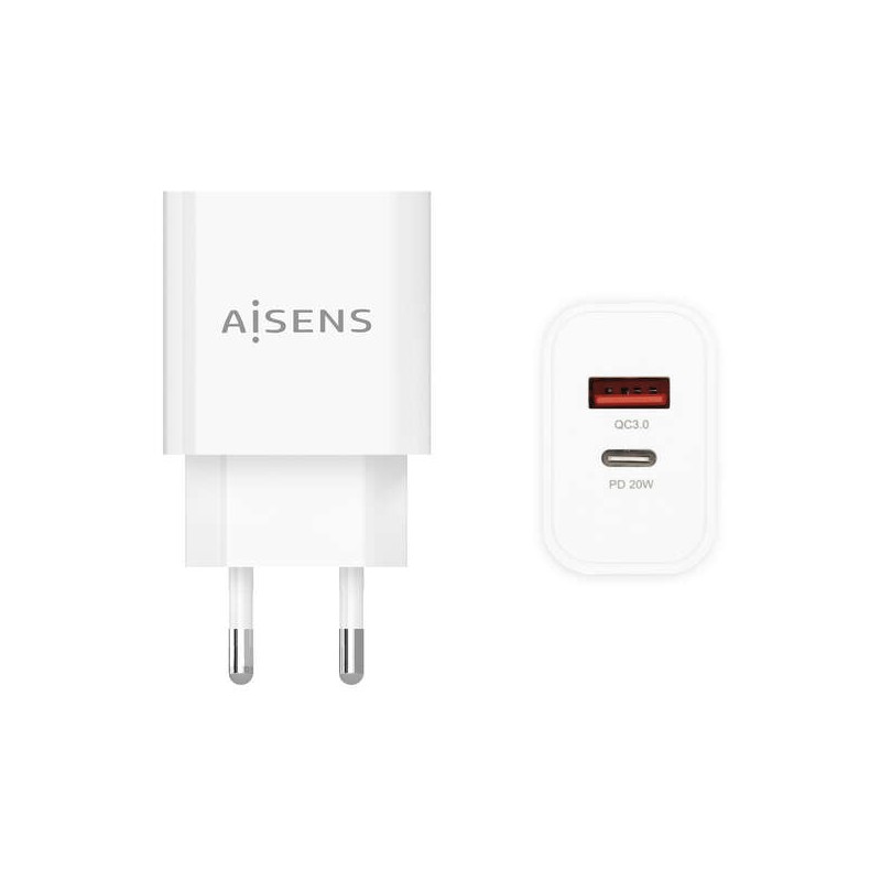 Caricabatterie Aisens 20W - 1xUSB-C PD3.0 - 1xUSB-A QC3.0 - Colore bianco