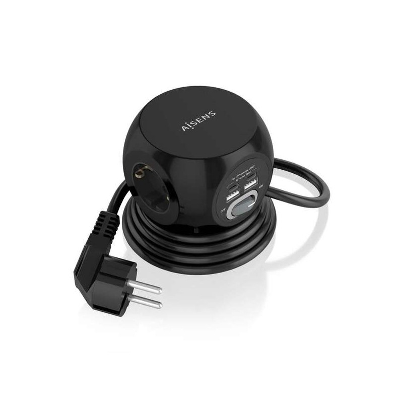 Multipresa da Tavolo Multifunzione Aisens con 3 Prese + 2xUSB-C - 2xUSB-A - 1.4m - Colore Nero