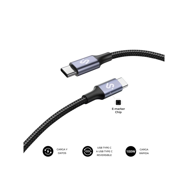 Cavo Subblim Plus USB-C - 100W - Nylon intrecciato - 480Mbps - Chip E-Marker - 2 metri - Nero - Colore nero