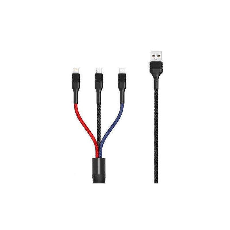 Cavo XO intrecciato da USB-A maschio a USB-C. MicroUSB e Lightning - Ricarica rapida 2A - Lunghezza 1.20 m