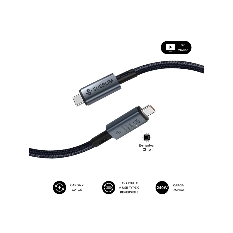 Cavo USB-C alto Subblim - 240W - Nylon intrecciato - 40Gbps - Chip E-Marker - 1.5 metri - Nero - Colore nero