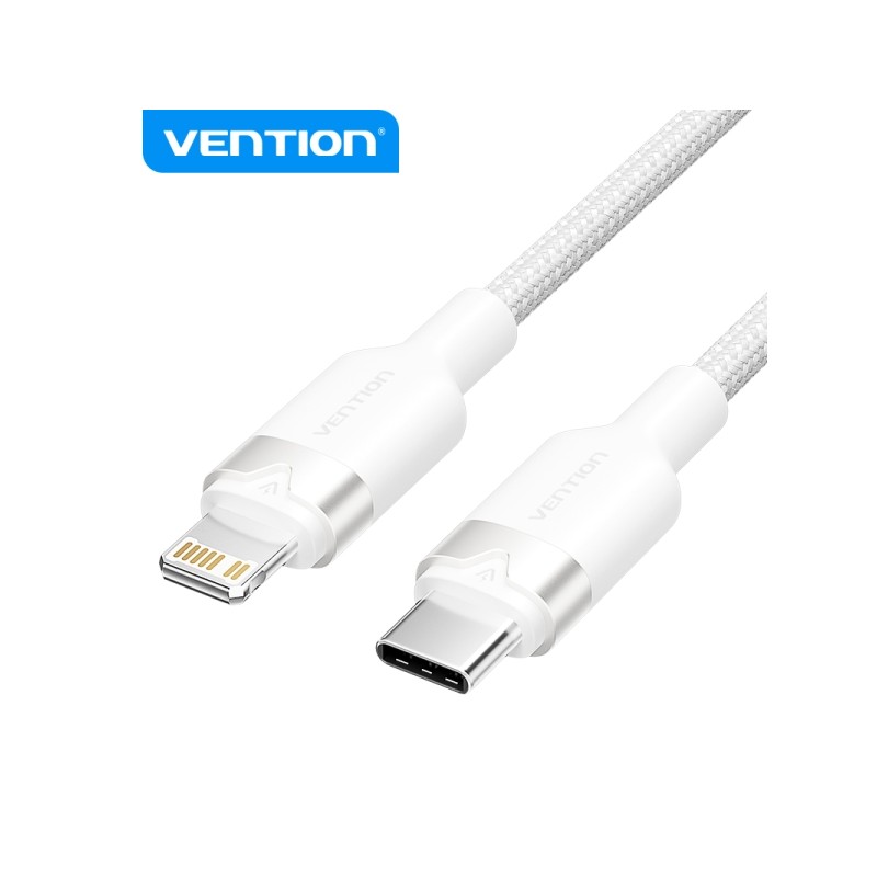 Cavo di ricarica USB-C/Lightning di Vention - Intrecciato in alluminio - 480Mbps - 3A - 27W Max - Bianco - Colore bianco