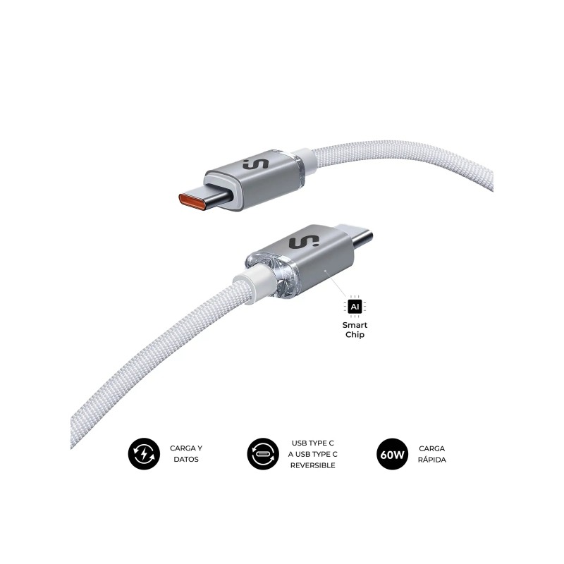 Cavo USB-C Subblim Optimus - 60W - Nylon intrecciato - 480Mbps - 1 metro - Bianco - 1 metro