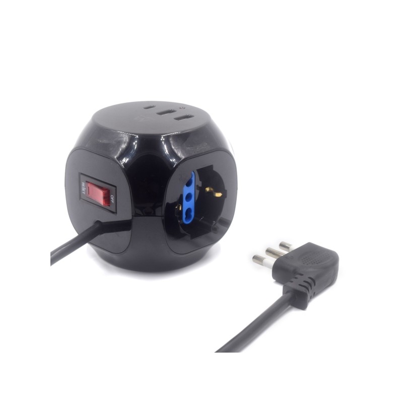 Striscia elettrica Ewent con 6 prese a cubo - 3 prese L/F (Schuko) - 2x USB-A - 1x USB-C - Presa angolare piatta italian