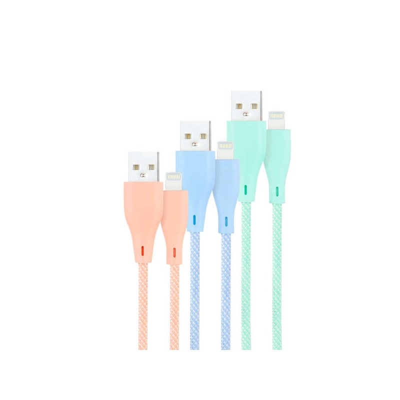 Confezione Nanocable da 3 cavi mesh USB-A maschio a Lightning maschio - Lunghezza 1 m - Colori rosa pastello. verde e bl