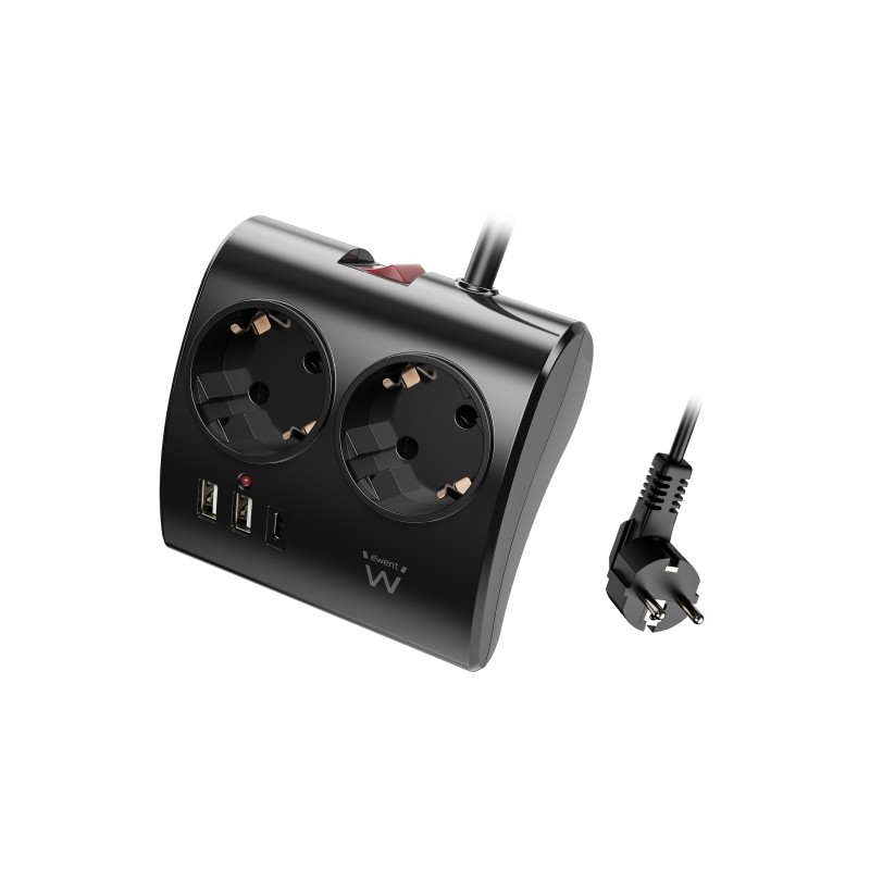 Ewent 5 prese - 2x Schuko 16A - 2x USB-A - 1x USB-C - Interruttore On/Off - Cavo da 1.5 m - Nero - 5 prese - Cavo da 1.5