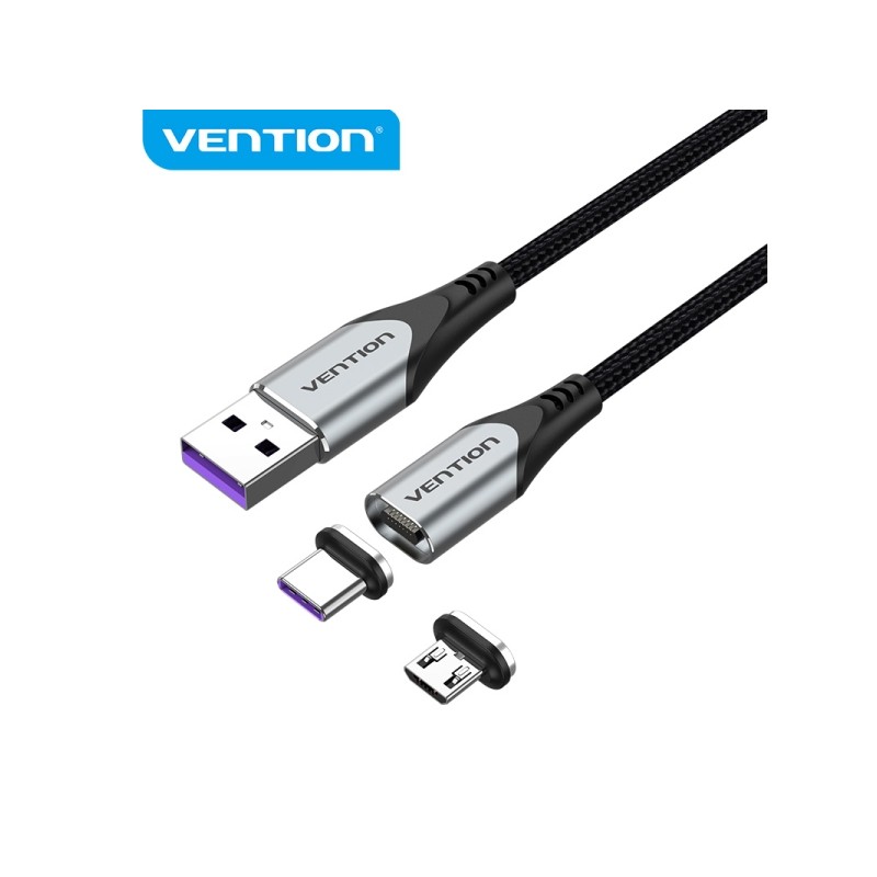 Cavo magnetico USB-A 2.0 di Vention - Stick USB-C e Micro USB intercambiabili - Ricarica rapida a 5 A - Trasmissione a 4