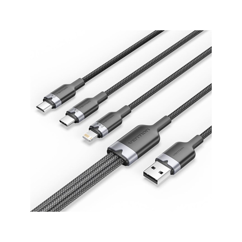 Cavo da USB-A 2.0 a USB-C. Lightning. Micro-B 3A di Vention - 1.5 m - Attorcigliato - Nero