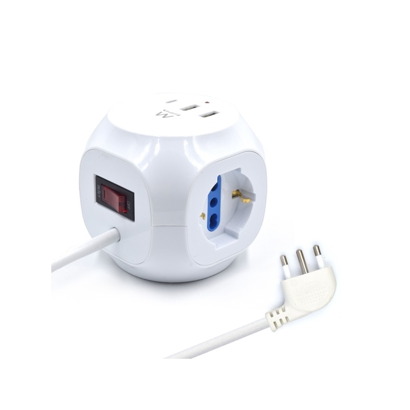 Striscia elettrica Ewent con 6 prese a cubo - 3 prese L/F (Schuko) - 2x USB-A - 1x USB-C - Presa angolare piatta italian