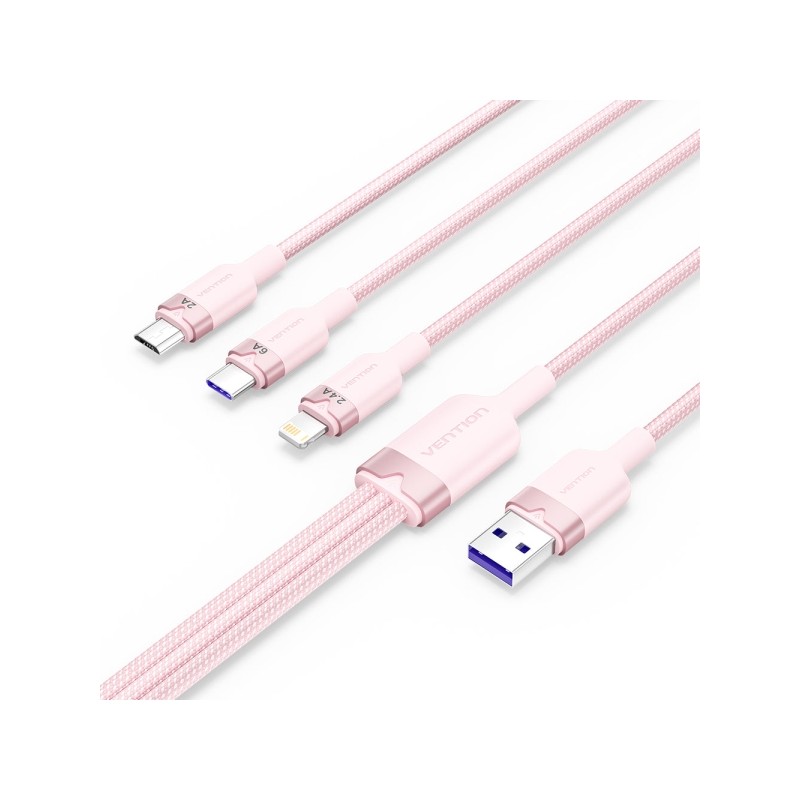 Cavo da USB-A 2.0 a USB-C. Lightning. Micro-B 6A di Vention - 1.5 m - Attorcigliato - Rosa