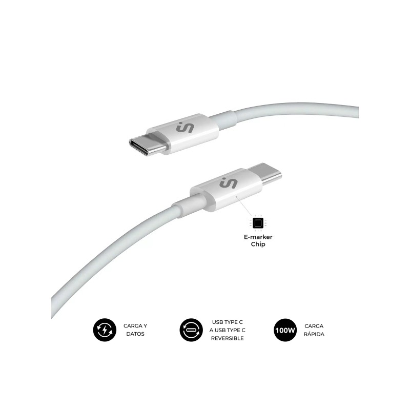 Cavo Subblim Plus USB-C - 100W - Nylon intrecciato - 480Mbps - Chip E-Marker - 1 metro - Colore bianco