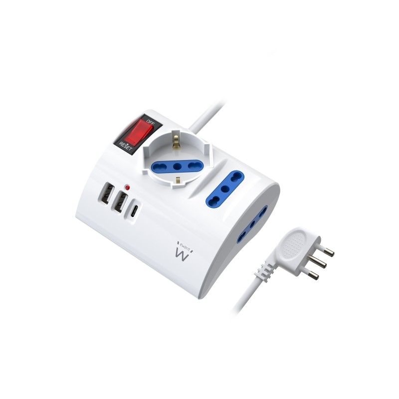 Striscia elettrica Ewent con 6 prese da tavolo - 2 prese L + 1 presa L/F (Schuko) - 2x USB-A - 1x USB-C - Presa angolare