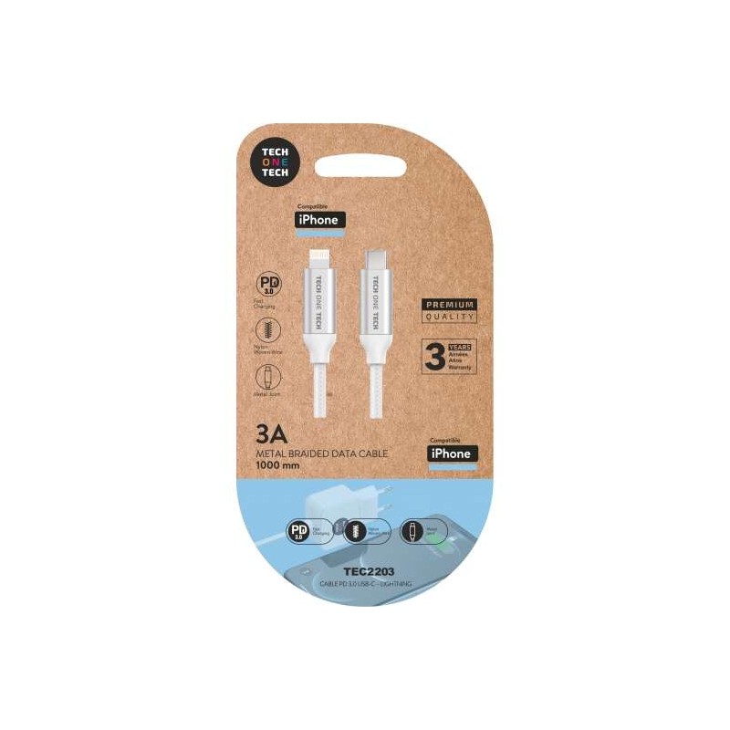 Cavo TechOneTech USB-C PD 3.0 maschio a Lightning maschio da 1 m - rivestito in nylon intrecciato