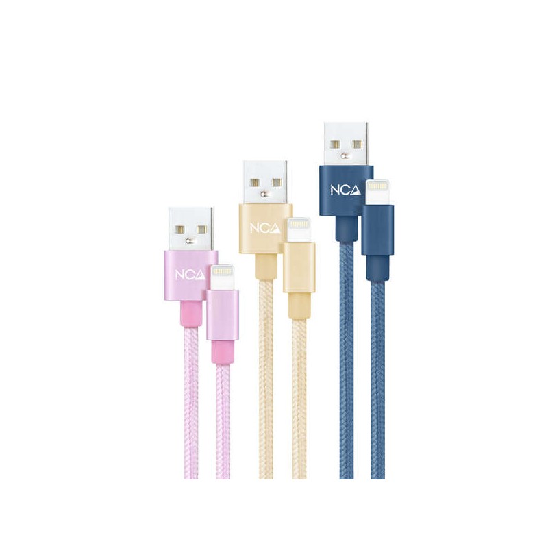Confezione Nanocable da 3 cavi mesh USB-A maschio a Lightning maschio - Lunghezza 1 m - Colori rosa. oro e blu