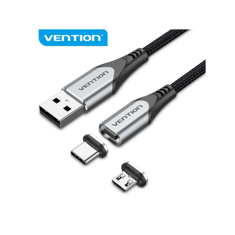 Vention CQMHD Cavo magnetico da USB-A 2.0 a Micro-B e USB-C - Connettori intercambiabili - Trasferimento 480 Mb/s - Colo