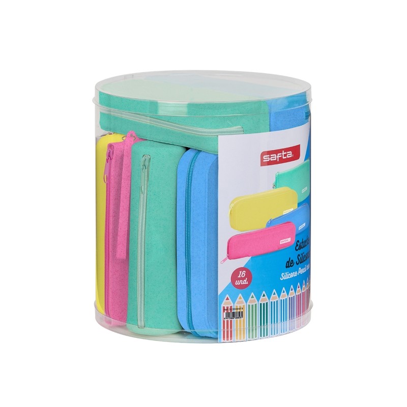 Safta Silicone Glitter - Confezione da 16 astucci - Silicone con glitter - Scatola cilindrica in PVC trasparente - Vari 