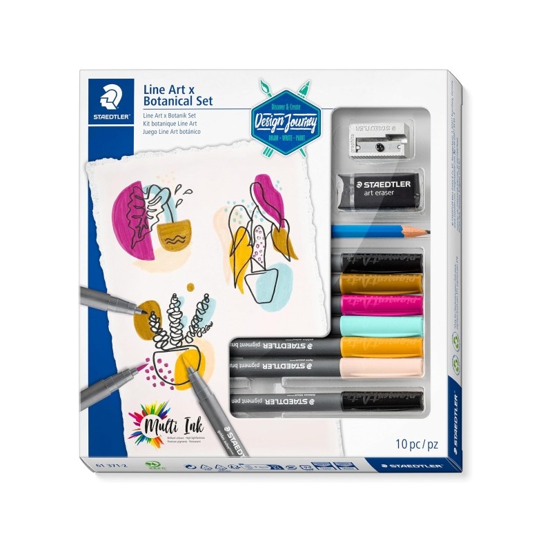 Set Staedtler Line Art e Botanical Design Journey Pack con 6 pennarelli Pigment Art in colori assortiti. matita. gomma e