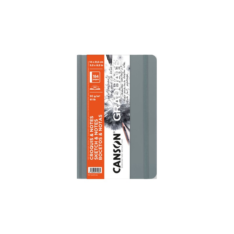 Canson Graduate Sketch Quaderno da 92 fogli - 14x21.6 cm - 90 g - Grana fine - Copertina rigida - Colore grigio chiaro