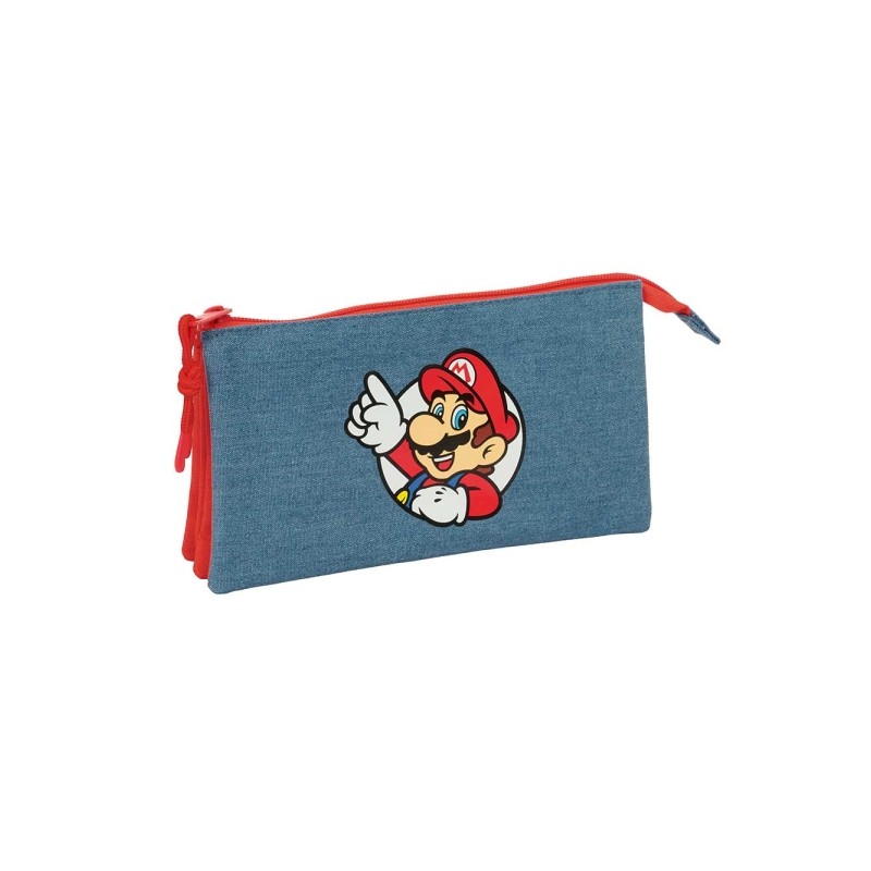 Safta Super Mario Portatutto - 3 scomparti con cerniera - Tasca interna centrale - 22x12x3 cm - Colore rosso e blu