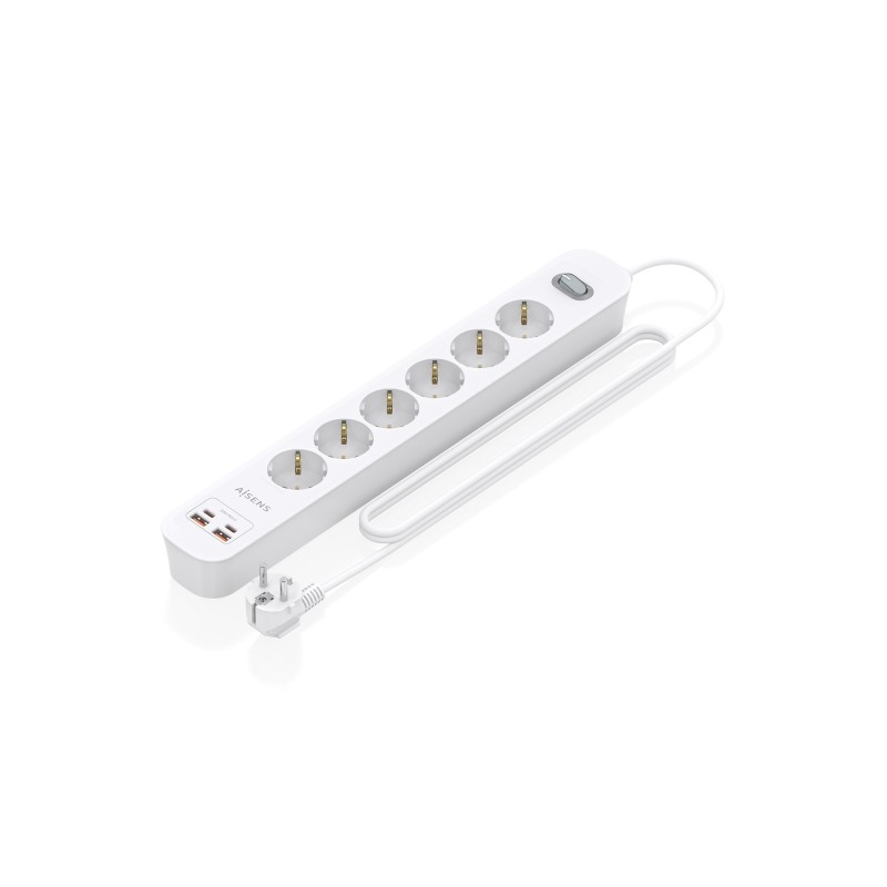 Aisens Multipresa con 6 prese Schuko - 2xUSB-C - 2xUSB-A - Cavo da 1.4 m - Interruttore con indicatore LED - Power Deliv