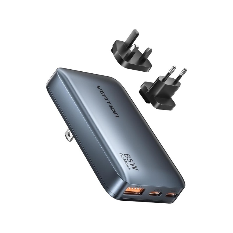 Caricabatterie da muro Vention - Ultra Slim - 65 W - GaN - Spine UE e Regno Unito intercambiabili - 2xUSB-C - USB-A - Ri