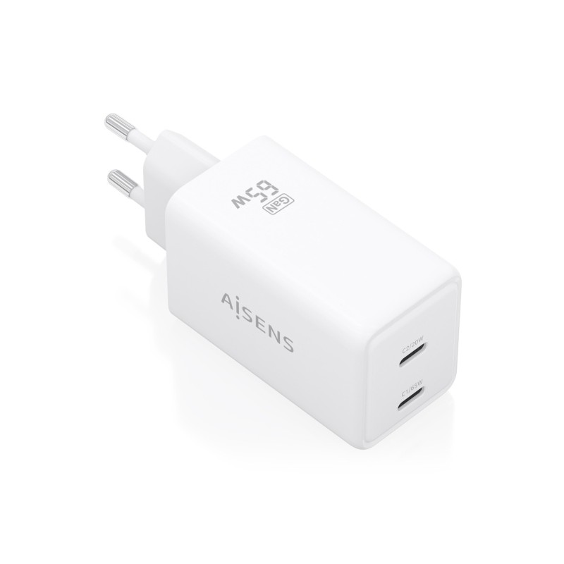 Caricabatterie Aisens GaN da 65 W - 2xUSB-C PD3.0 QC4.0 - Tecnologia AI - Colore bianco