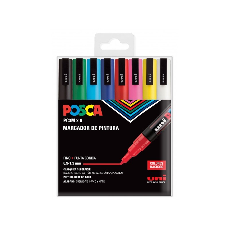 Posca PC3M Confezione da 8 pennarelli a vernice - Punta conica 0.9-1.3 mm - Inchiostro a base d'acqua - Resistente alla 