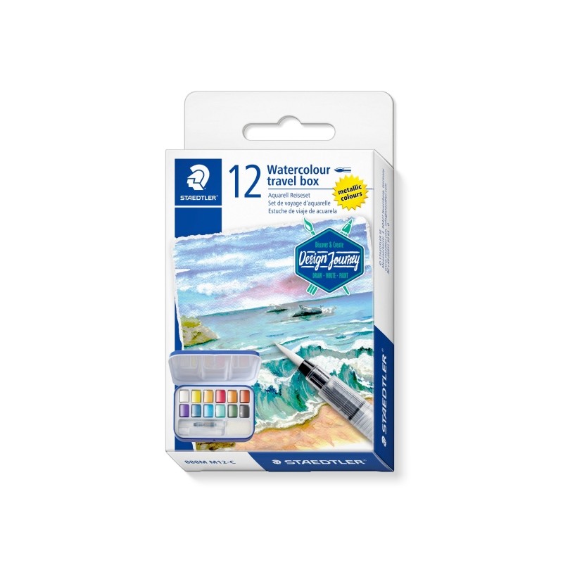 Staedtler 888 Design Journey - Scatola metallica con 12 pastiglie di acquerello in tonalità metallizzate + pennello ad 