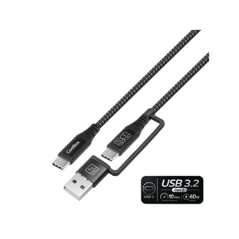 CoolBox Cavo USB-C - USB-C 3.2 con adattatore USB-A  - 60 W - Lunghezza 1.8 m - Colore: nero
