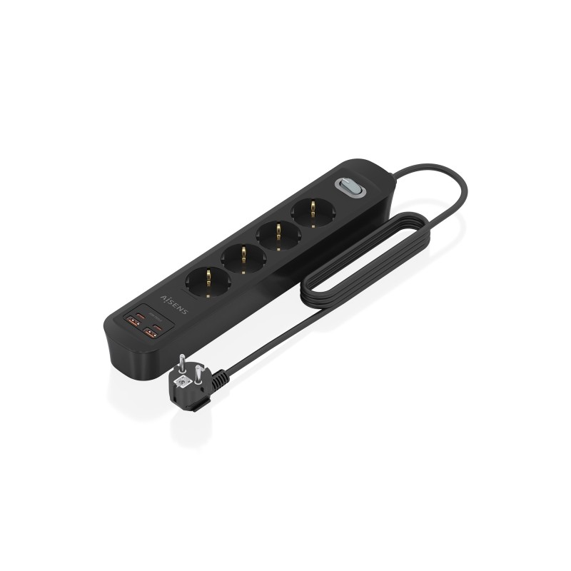 Aisens Multipresa con 4 prese Schuko - 2xUSB-C - 2xUSB-A - Cavo da 1.4 m - Interruttore con indicatore LED - Power Deliv