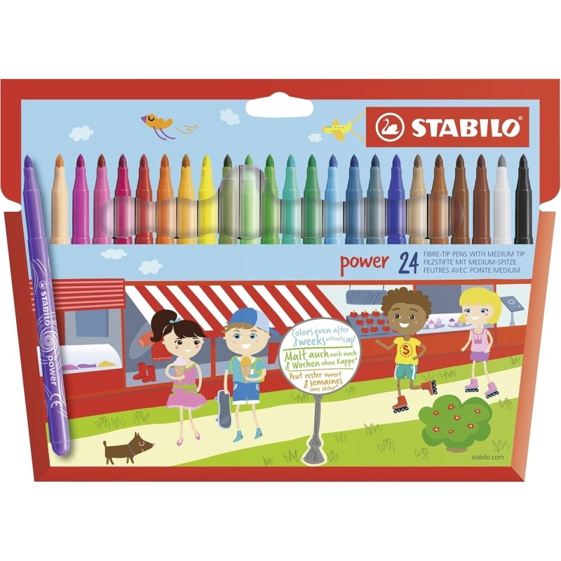 Stabilo Power Pack con 24 pennarelli colorati - Punta media da 2 mm - Inchiostro lavabile - Cappuccio ventilato - Colori