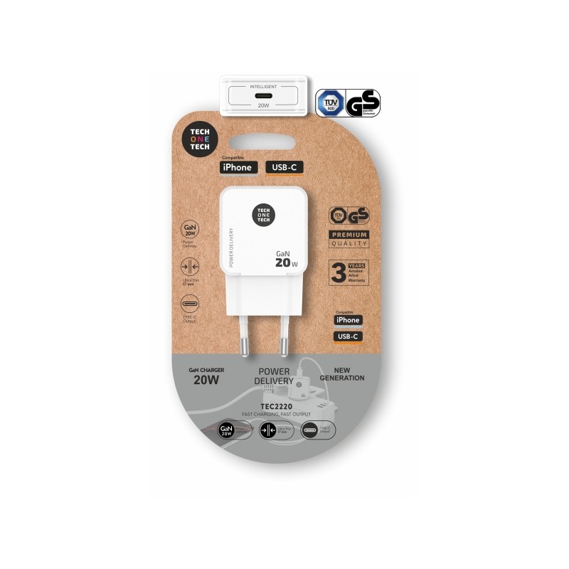 TechOneTech Caricabatterie da parete ultraveloce GaN 20 W USB-C bianco