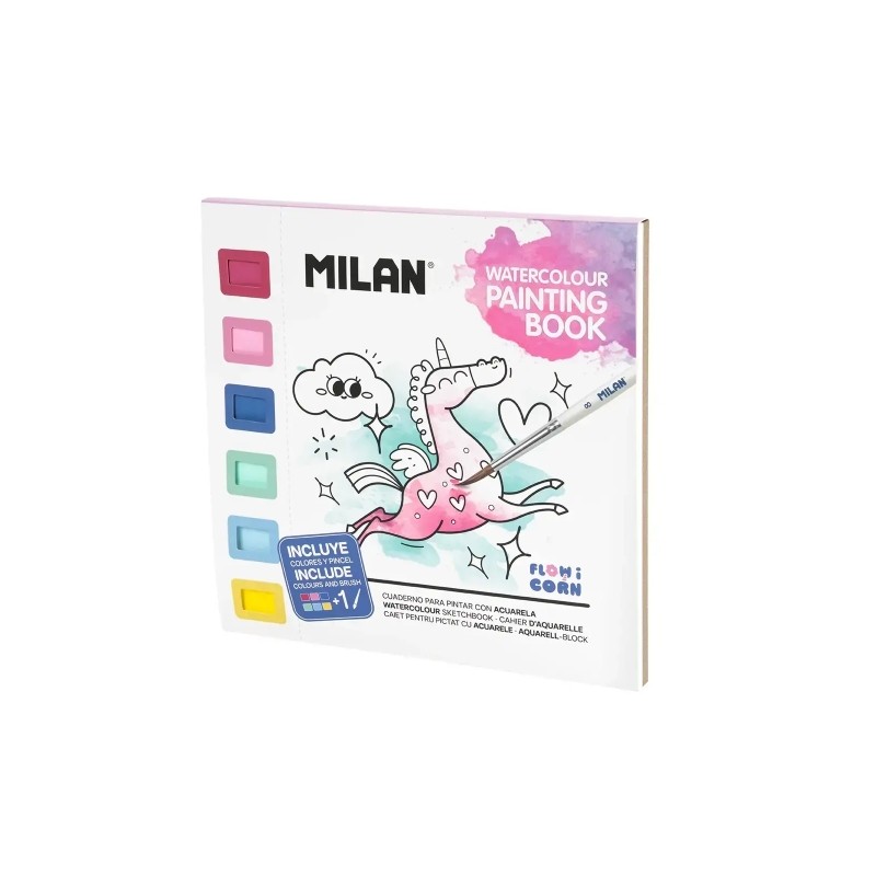 Milan Flowicorn - Album da colorare con acquerelli e pennello - Tema: unicorni. fiori e cuori - 16 pagine con disegni -