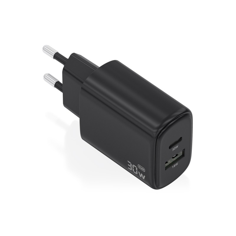 Caricabatterie Aisens GaN da 30 W - 1 porta USB-C PD 3.0 QC 4.0 - 1 porta USB-A QC 3.0 - Tecnologia AI - Colore: nero