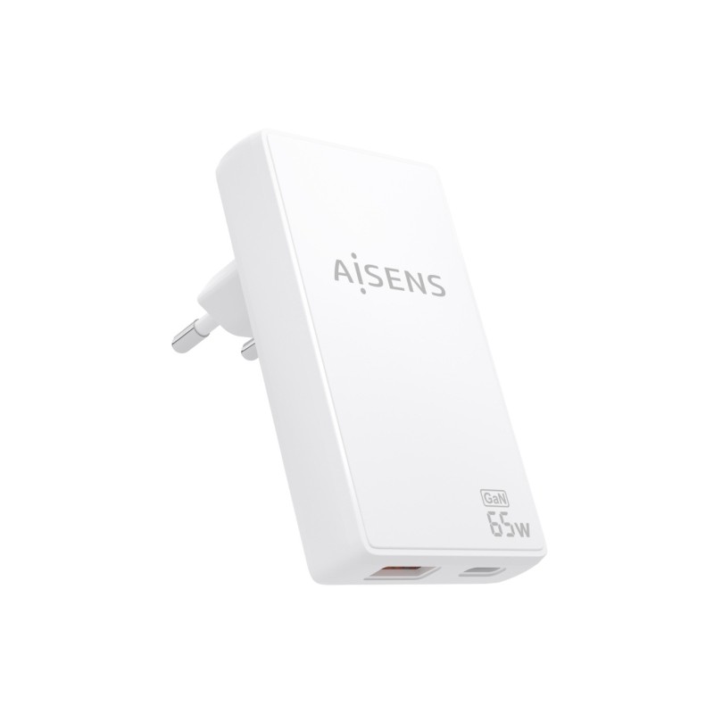 Aisens Caricabatterie GaN ultrasottile da 65 W - 1xUSB-C PD3.0 QC4.0 - 1xUSB-A QC3.0 - Tecnologia AI - Colore bianco