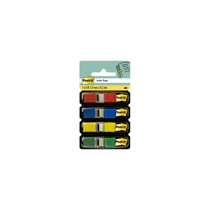 Confezione Post-it Index composta da 4 dispenser con 35 post-it riposizionabili da 11.9 x 43.2 mm - Adesione salda - Per