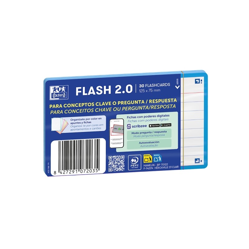 Oxford Confezione da 30 FlashCards 2.0 - Formato A7 - Righe orizzontali a 1 riga - Cartoncino da 250 g - Digitalizzazion